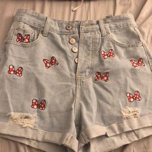 Light Wash Denim Jean Shorts with Red Minnie Bow Embroidery